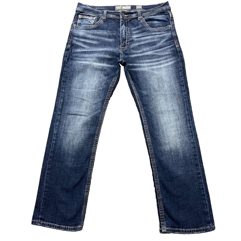 BKE Tyler Jeans Mens 36x32 Straight Leg Blue Denim Faded Whiskered Dark Wash